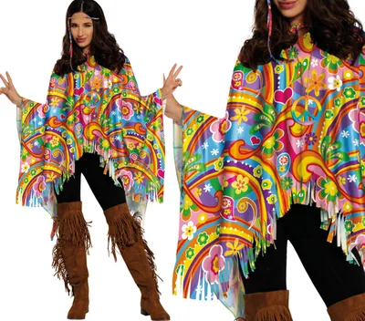 Immagine prodotto di Poncho carnevale hippie colore 60s retro look peace sign flower power festival outfit vintage revival, colore: multicolor