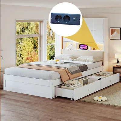 Produktbild von Flieks Jugendbett 90x200cm mit Led und Steckdose, Holzbett Einzelbett mit 2 Schubladen, Stauaumbett mit gepolstertem Kopfteil und Staufach, Weiß