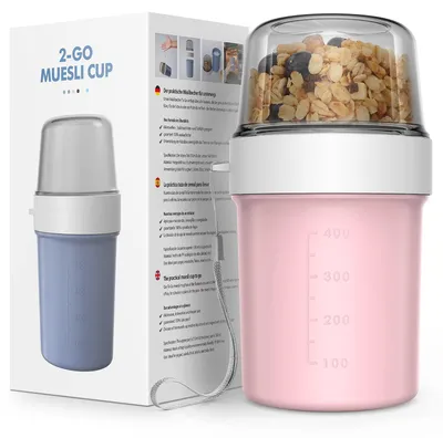 Productafbeelding van Muesli-beker voor onderweg - Lekdichte yoghurtbeker met twee compartimenten - Ideaal voor onderweg - 560 ml + 310 ml - Kleur: Morandi roze