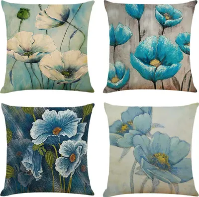 Obrázek produktu pro Povlaky na polštáře Flower, sada 4 kusů, 45 x 45 cm, moderní motiv rostlin, trávy a květin, čtvercové, na pohovku a gauč