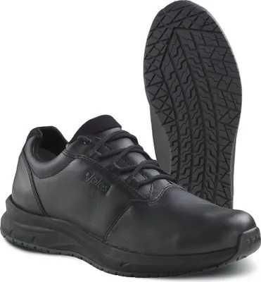 A pair of black work shoes shown from a side angle, with one shoe in the foreground and the sole of the other shoe visible behind it.