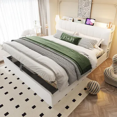 Produktbild von Flieks Jugendbett 180x200cm mit Ablagen, Holzbett Doppelbett mit Nachtlicht und Usb, Hydraulisches Stauraumbett mit gepolstertem Kopfteil, Samt, Weiß
