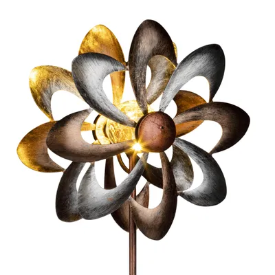 Produktbild von Metall Doppel Windrad mit Solar LED Glaskugel - Ø 23 cm - Deko Gartenstecker mit Beleuchtung in warm weiß - Garten Deko Windspiel Windmühle Blumenstecker Beetstecker beleuchtet wetterfest