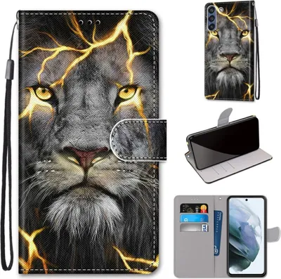 Produktbild von König Design Hülle kompatibel mit Samsung Galaxy S21 FE Kunstleder Handyhülle - Handy Case Spaltlöwe