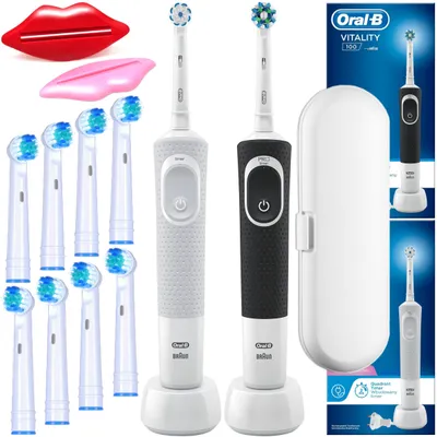 Immagine prodotto di 2 spazzolini elettrici Oral-B Vitality 100 – Black CrossAction & White Sensitive – 10 testine intercambiabili – Custodia da viaggio