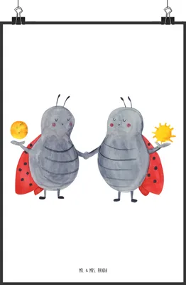 Produktbild von Mr. & Mrs. Panda Bild Sternzeichen Zwilling DIN A0 - Weiß - Geschenk, Wandbild, Kunstdruck, Plakat, Zwillingsschwester, Zwillinge, drucke, Marienkäfer, Glückskäfer