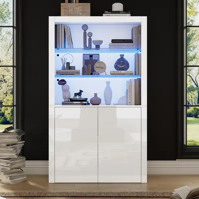 Produktbild von 100 x 35 x 170 cm Sofa-Sideboard, Hochglanz-Aufbewahrungsschrank, Vitrinenschränke mit LED-Leuchten, Displayschicht aus gehärtetem Glas, Vertikaler Hochschrank fürs Wohnzimmer