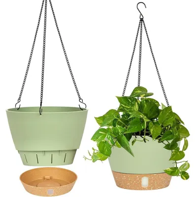 Immagine prodotto di Set di 2 vasi pensili, diametro 25,4 cm, colore verde, con foro di drenaggio e gancio, adatti per interni ed esterni