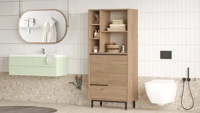 Produktbild von Skye Decor, On9C-S, Badezimmerschrank, 100 % MELAMINBESCHICHTETE SPANPLATTEN, Nussbaum, 74,8 x 35,5 x 161,6 cm