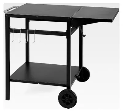 Produktbild von Grilltisch mit klappbarer Arbeitsplatte, Campingtisch mit Rollen, Servierwagen Küchenwagen Metall mit 2 Ablagen und 4 Haken, Rollwagen Allzweckwagen Zubereitungswagen für Garten Küche, Schwarz