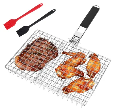 Imagen del producto de Rejilla para barbacoa con cesta, 2 cepillos para limpiar la parrilla, plegable, con asa desmontable, ideal para pescado, carne y camarones