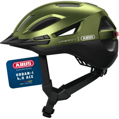Produktbild von ABUS Stadthelm Urban-I 4.0 ACE - Fahrradhelm mit aufladbarem Rücklicht, 4 Leuchtmodi, Schirm, Zopf-Öffnung und magnetischem Verschluss - für Jugendliche, Frauen und Männer - Größe M, grün