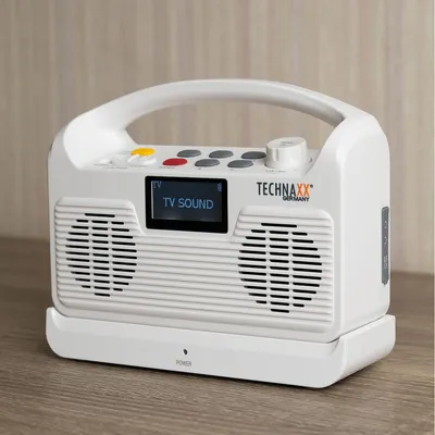 Produktbild von Technaxx Kabelloser TV-Lautsprecher mit Basisstation, 10 W, 5 W, Verkabelt & Kabellos, Tragbarer Stereo-Lautsprecher, Weiß, LCD