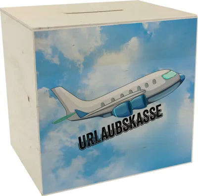 Produktbild von Urlaubskasse Flugzeug Spardose aus Holz mit Wolkenhimmel