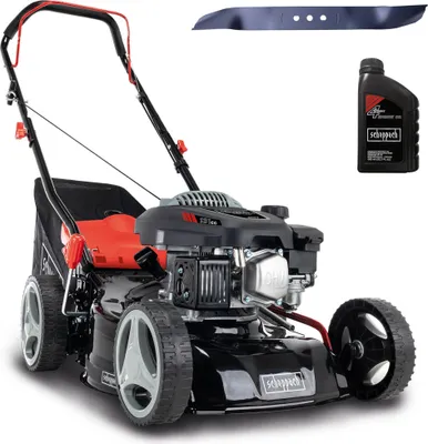 A lawnmower with accessories, including a replacement blade and oil, displayed against a white background.