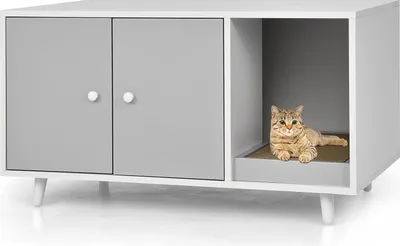 Immagine prodotto di COSTWAY Tavolino e armadietto per gatti 2in1 con tiragraffi, tavolino con lettiera, casa per gatti, lettiera per gatti in legno 90x50x50cm