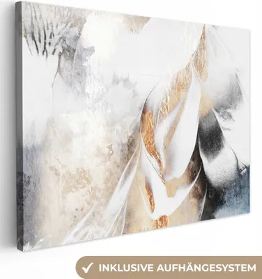 Produktbild von Wandbilder wohnzimmer 80x60 cm - Abstrakt und Modern - Weiß - Gold, Leinwand Bilder, Wanddeko, Gemälde