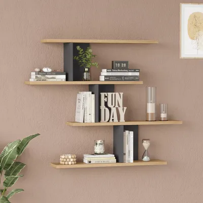 Zdjęcie produktu dla Półka ścienna 'Hökkomi' z 4 półkami 78 x 99 x 15 cm wygląd drewna / antracyt