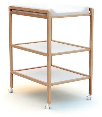 Produktbild von Wickeltisch mit 2 Regalen aus lackierter Buche | 75 x 58 x 94 cm | Wickelkommode mit Rollen | Platzsparend | Kompakt