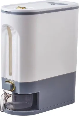 Obrázek produktu pro 10 kg dávkovač rýže, velká nádoba s víkem, odměrný válec, vodotěsný dávkovač sypkých potravin pro domácnost, kuchyňský kbelík, sójové boby, kukuřice, bílá a šedá barva