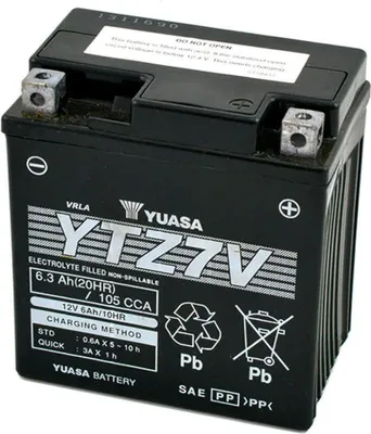 A black Yuasa YTZ7V battery is shown from a diagonal angle against a white background with some black elements.