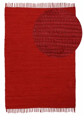 Produktbild von Flickenteppich Kelim Chindi Uni Rot 120x170 cm, handgewebt | Fleckerlteppich aus Baumwolle für Wohnzimmermit Fransen