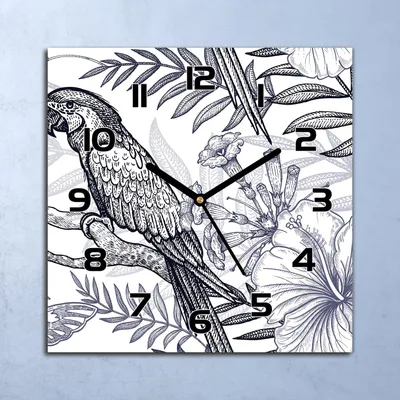 Produktbild von Wanduhr Echt-Glas-Küchenuhr Papageien und Blumen Quarz 30x30 Deko Bilder