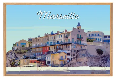 Image de Tableau mural encadré illustration ville de Marseille 65x97 cm, Tableau mural moderne pour décoration intérieure