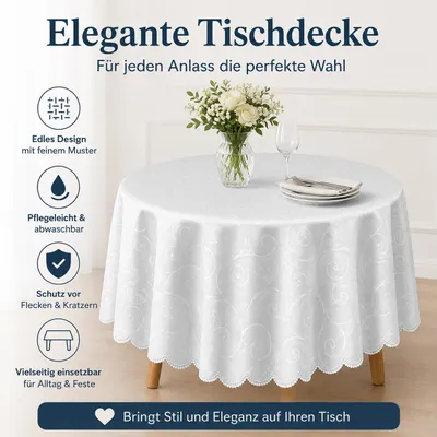 Produktbild von Tischdecke weiß oval 160x220 cm damast Ornamente bügelfrei fleckenabweisend