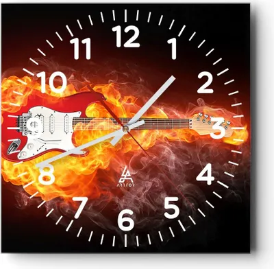 Produktbild von Wanduhr - Quadrat - Glasuhr - Flammen Gitarre Instrument - 40x40cm - Schleichendes Uhrwerk - Lautlos - zum Aufhängen bereit - Dekoration Modern - Wanddekoration aus Glas - C4AC40x40-0196