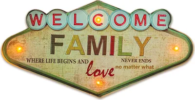 Produktbild von Metallschild RETRO LED Welcome Family Schild groß Leuchtschild, Dekoration für das Zuhause: Familien-Schriftzug an der Wand für das Wohnzimmer, Willkommensschild am Eingang zur Küche, Zimmer.