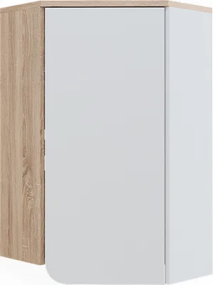 A close-up, angled view of a corner cabinet with a wood-grain side and a white door.