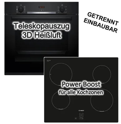 Produktbild von Herdset BOSCH Backofen Hydrolyse Teleskopauszug + Induktionskochfeld Booster autark 60 cm