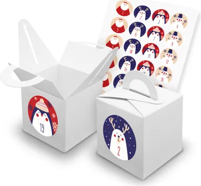 Produktbild von itenga SET V42 Adventskalender Würfelbox mit Griff Weiß + Zahlensticker Z43