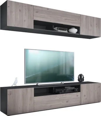 Produktbild von Vladon Wohnwand Mogan, Schwarz matt/Eiche Nordic - Moderne Anbauwand bestehend aus 2 TV-Boards (181 x 147 x 35 cm)