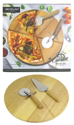 Produktbild von 3-teiliges Pizzaservier-Set Pizzabrett Echtholz Ø 35cm Pizzaschneider & Pizzaheber Edelstahl