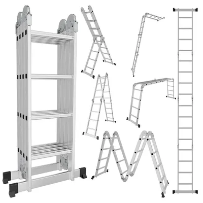 Produktbild von Jopassy Multifunktionsleiter 4,7m Aluleiter 7 in 1 Klappleiter Gerüst m. Plattform & Rollen 150kg