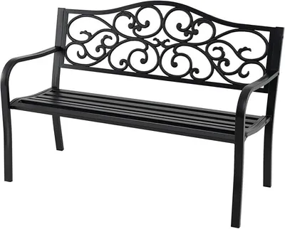 Imagen del producto de Banco de jardín de metal, para 2-3 personas, banco para parque resistente a la intemperie, con capacidad de carga de hasta 300 kg, banco de terraza con respaldo y reposabrazos, banco de exterior de estilo vintage para jardín, balcón o terraza, dimensiones: 128 x 62 x 89 cm