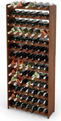 A tall, wooden wine rack filled with bottles of wine.