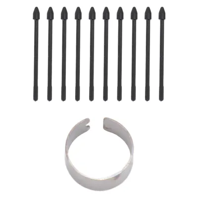 A set of black stylus pen tips and a silver ring are arranged on a white background.