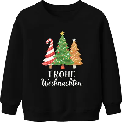 Produktbild von FROHE Weihnachten Weihnachtsbaum Tannenbaum Zuckerstange Lebkuche Uni Kinder Sweatshirt Pullover, Schwarz, 152