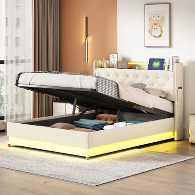 Image de Fortuna Lai Lit rembourré 140x200cm avec rampes lumineuses LED et prise de charge USB, lit fonctionnel hydraulique avec espace de rangement, lit double avec sommier à lattes et tête de lit pour adultes & adolescents, Beige