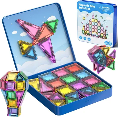 Produktbild von Magnetische Bausteine Reisespielzeug, 60-teiliges Magnetische Tiles Reiseset mit Eisenbox, Kreativität MINI Magnetic Fliesen Sensorisches Spielzeug