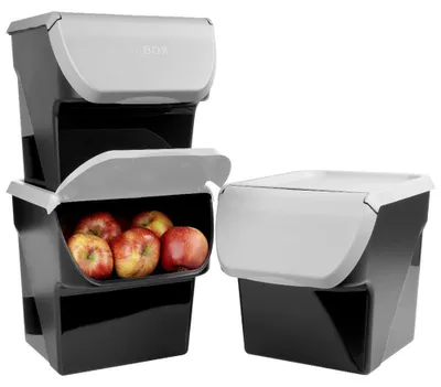 Obrázok produktu pre Vilde | 3 kusy úložných boxov na zemiaky s vekom, objem 13 litrov - 34x26 cm - Stohovateľné nádoby na zeleninu - Šedá a čierna farba