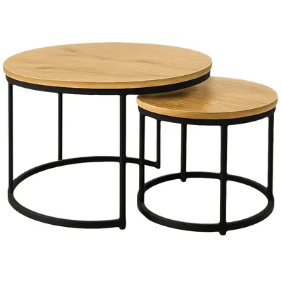 Zdjęcie produktu dla Stoliki kawowe okrągłe zestaw stolików loft fi 70x47 fi 50x39 dąb