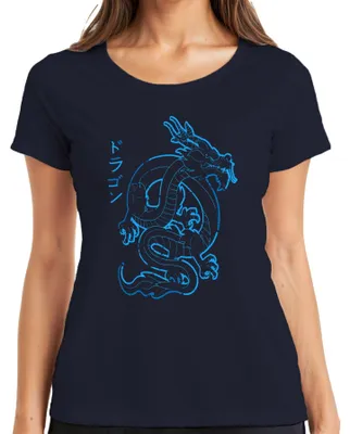 Zdjęcie produktu dla Koszulka damska Japanese Dragon Neon Blue Katakana ドラゴン Cyberpunk Yakuza Retro, granatowy, L