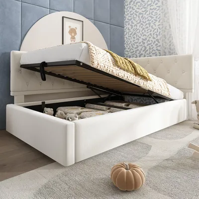 Produktbild von okwish Polsterbett 90x190,Schlafsofa mit hydraulischem Stauraum,Jugendbett Bettgestell mit Lattenrost aus Holz,Samt,ohne Matratze,Beige