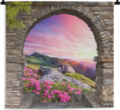 Produktbild von MuchoWow® Wandteppich Wandbehang Landschaft - Aussicht - Blumen - Berg 60x60 cm Tapisserie Dekoration Wandtuch - Dekorationen - Wand Decke