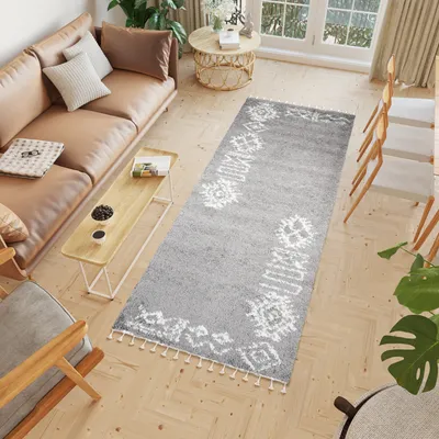 Obrázek produktu pro Koberec Tapiso, běhoun, vhodný do chodby, s vysokým a dlouhým vlasem, moderní design, vhodný do obývacího pokoje a ložnice, barva: šedá, krémová, s frędzlemi, rozměry: 100 x 400 cm