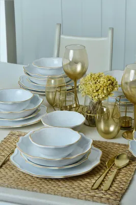 Produktbild von Keramika Geschirrset - White/Gold Romeo - 24 teilig - 6 Personen - Steingut